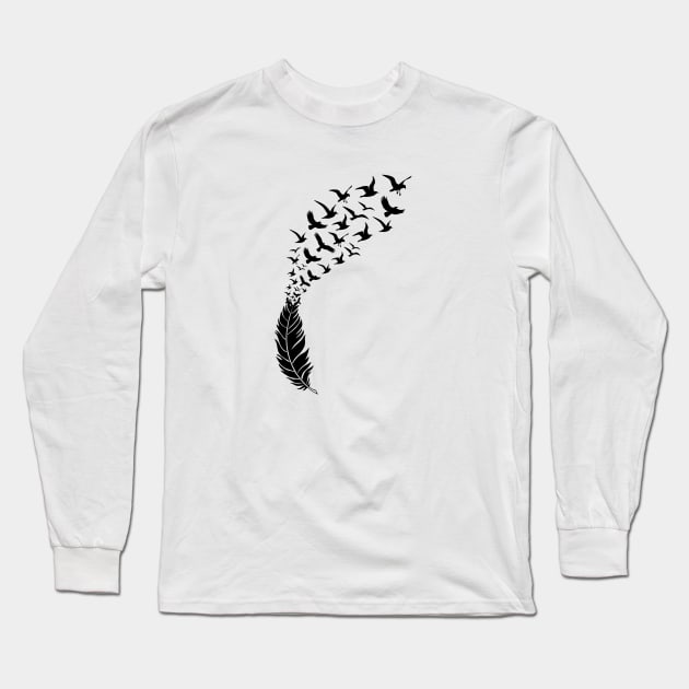 Black feather with flying birds Long Sleeve T-Shirt by beakraus